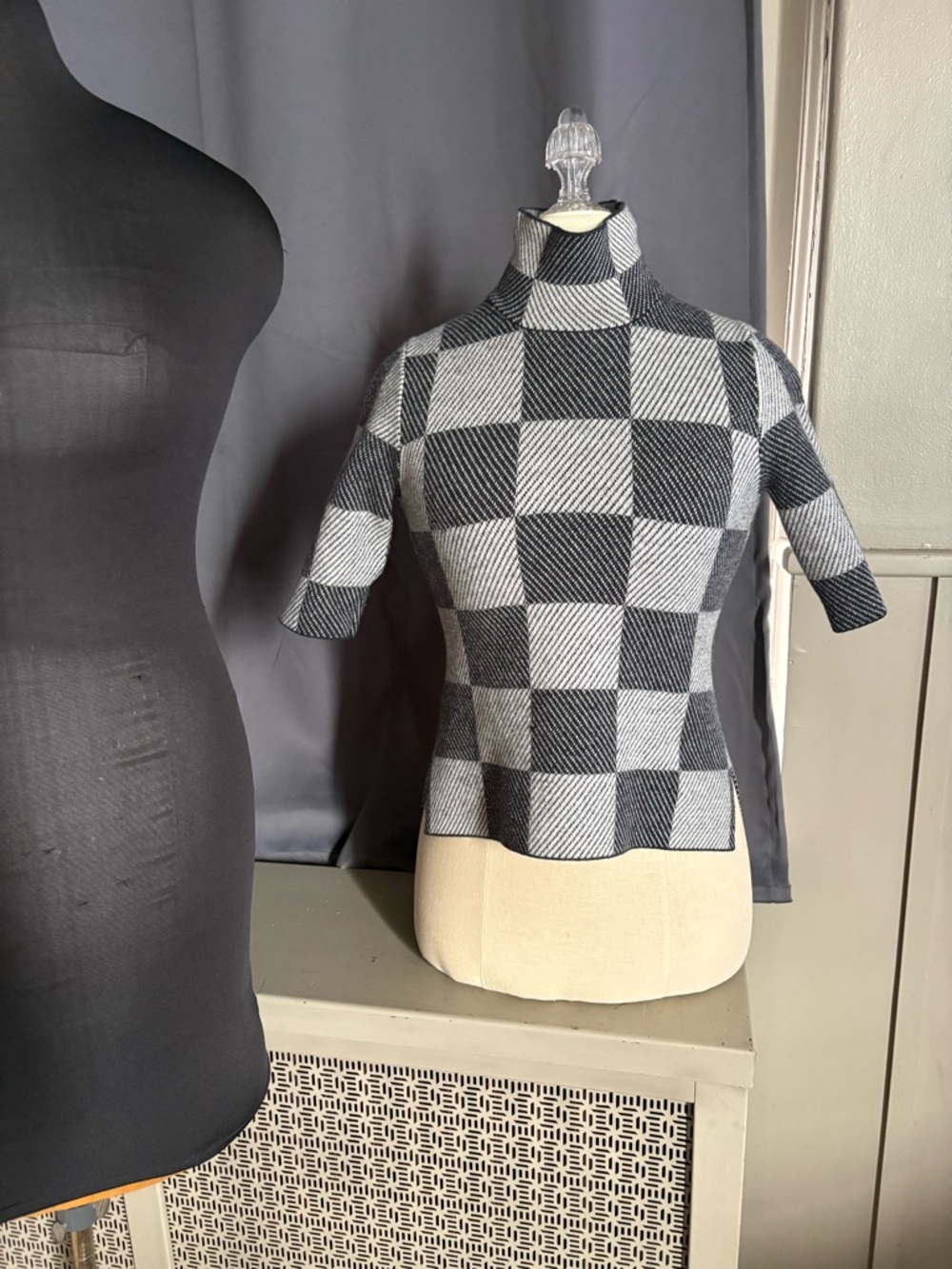 Ann Taylor Black and Gray Check Short-Sleeve Turtleneck Sweater
